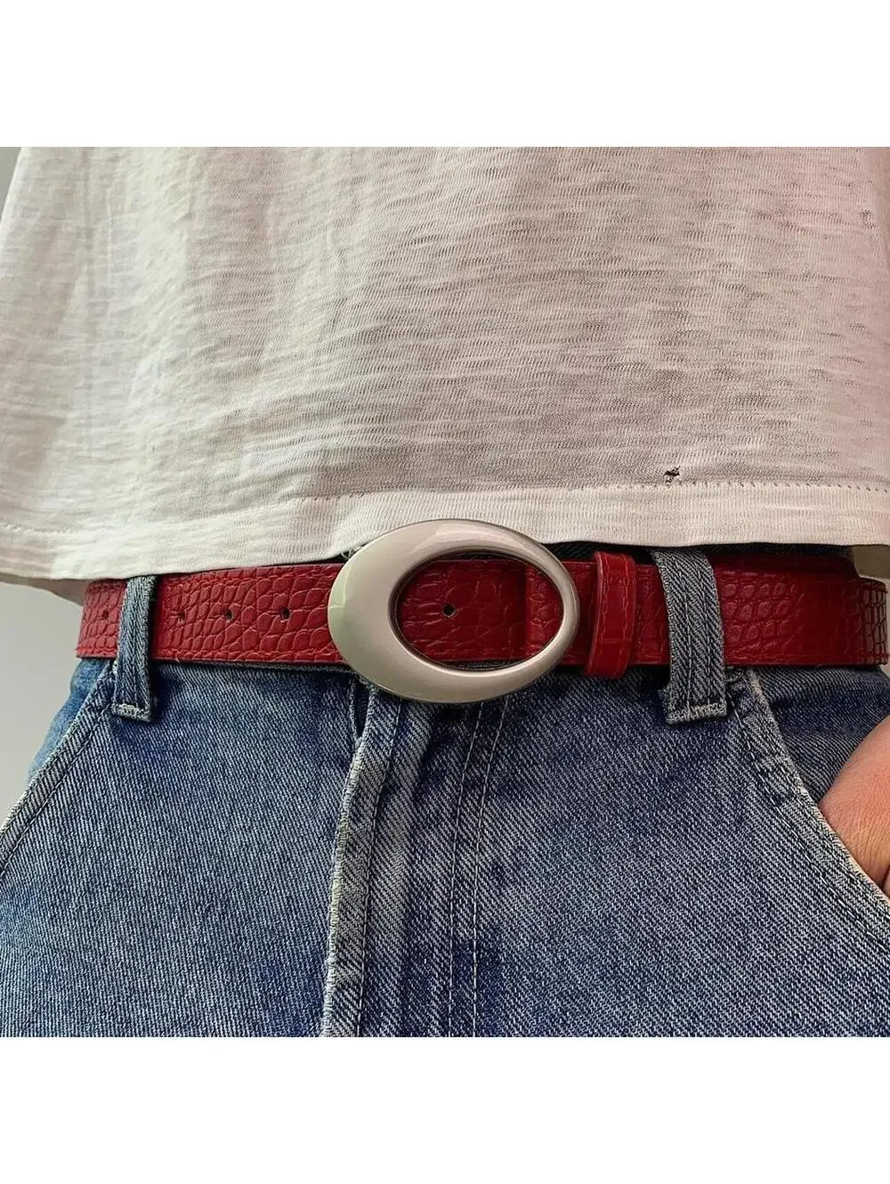 Y2k 2000s style Silver opal belt buckle with Red crocodile style leather. 39 inc